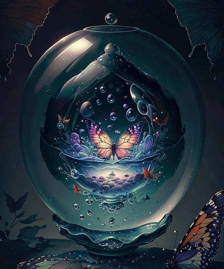 butterfly closeup inside a glass bubble, masterpiece by ncwinters, mystical surreal ,  <lora:ncwinters-12:1>