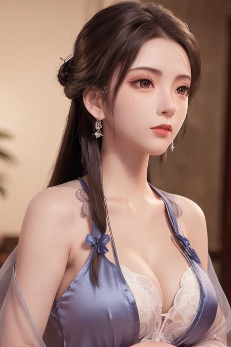 nangongwan:0.3, ycy:0.7,goodface,((best quality)), ((masterpiece)), ((realistic)), (detailed),portrait, close up,((lowkey)),young female model, Wearing (blue:pink:0.5) silk night-robe,Lace lace,Huge chest,Elegant posture,(highly detailed skin:1.2), (((Skin highlights))),Real skin texture,Light powder blusher,(Luxury earrings), Sharp focus, depth of field,stunning gradient colors,Photographic works, rimlight,good light sense,Hidden Hand,no watermark signature,Clean studio background, CG:0.5 ((masterpiece)),HDR,4K,  <lora:nangongwan:0.6> <lora:duxiaoxiao:0.15> <lora:lora-hanfugirl-v1-5:0.15> (ulzzang-6500-v1.1:0.2)  <lora:tifaMeenow_tifaV2:0.3>