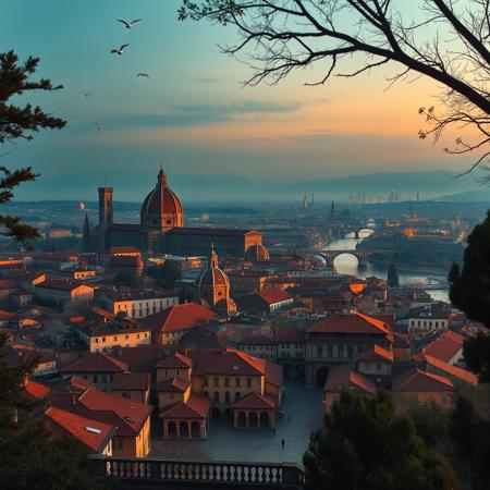 ((masterpiece)), ((best quality)), panoramic view, cinematic composition, elevated viewpoint from hilltop plaza, wide shot, distant medieval cityscape, clustered terracotta rooftops, cobblestone streets, old stone walls, arched bridges, rivers winding through city, narrow alleys, warm sunset light, golden hour, deep shadows, soft haze,
large gothic cathedral with red-tiled dome, domed cathedral rising near city center, integrated into skyline, towers and spires visible but distant, not foreground,
foreground plaza with stone railing, trees framing the shot, distant hills beyond, glowing city lights beginning to flicker, romantic atmosphere, historic architecture, birds in sky, tranquil setting, epic fantasy city view