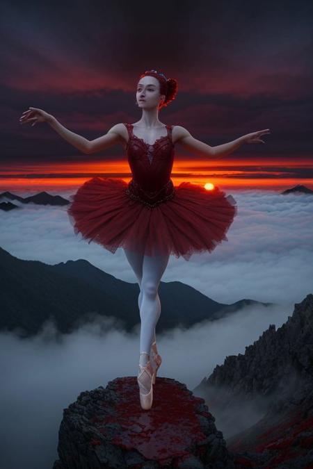 best quality, masterpiece, 8k, absurd detail, dream-like world, 
gorgeous translucent 20 years old woman made of blood red glass in a ballerina pose at sunrise on a mountain above a sea of fog, (elaborate atmosphere:1.4), highly detailed background, dreamlike theme