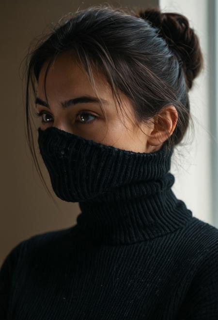 A dramatic portrait photograph of a young woman in a black turtleneck sweater, captured in close-up with natural side lighting from a window. The subject pulls her sweater up to partially cover her face while gazing intensely to the side, creating a mysterious atmosphere. Her dark hair is styled in a loose updo with stray wisps. The shallow depth of field keeps her eyes in sharp focus while softening the background, which includes a wooden chair. The image features a warm color palette with golden highlights contrasting against deep shadows. Close-up portrait photography with natural window lighting and shallow depth of field.