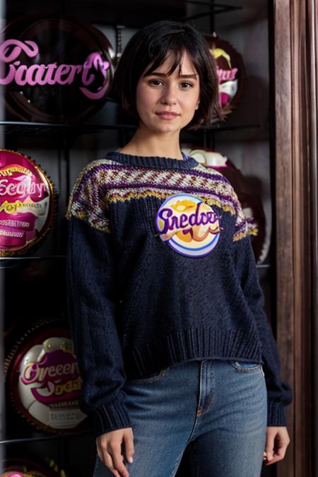 K1873W in a sweet shop, cadbury creme eggs, jumper, jeans <lora:KW3:1> masterpiece, best quality, detailed face , 1girl, realistic, solo,k1873w, short_hair, black_hair