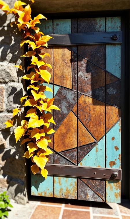 award-winning artistic piece. ancient wooden door. ((rustic wood grain inlaid with pieces of old steel in a beautiful artistic pattern)). eye-catching patina. intense contract between the wood and steel. striking composition. intricately detailed. sun and shadows. sun glint off the rusty steel. (yellow and orange leaf vine growing up the side of the door). [turqoise paint accents]