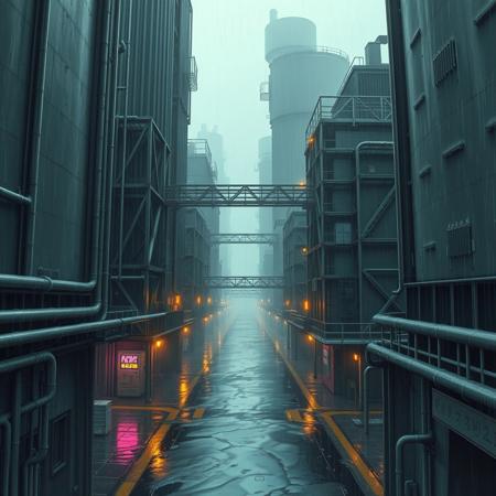 A liminal space in Amegakure, the Hidden Rain Village, exactly as seen in Naruto. Towering metal buildings rise into the misty sky, their surfaces slick with constant rainfall. The narrow streets are lined with pipes, walkways, and industrial structures, all soaked in a never-ending drizzle. Neon lights flicker faintly, reflecting in the puddles that cover the ground.
The village is completely empty—no people, no movement, only the sound of raindrops echoing through the deserted alleys. The metal bridges connecting the high-rise structures stretch into the distance, disappearing into the fog. The air is thick with humidity, and the usual bustling presence of shinobi is gone. The city feels suspended in time, its mechanical heart still beating, but with no one left to witness it. The rain continues to fall, endlessly, over a village lost in solitude.