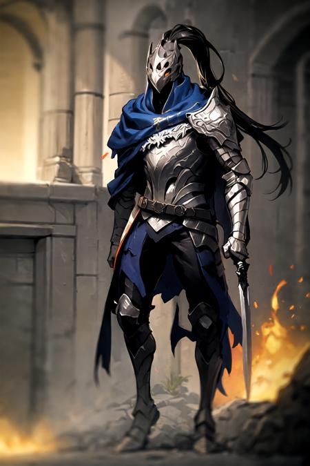 knight,action-packed , greatsword in hand, helm, ponytail , cloak, <lora:Artorias:0.8>, cave, fire background