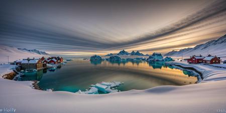 RAW photo, (masterpiece:1.3), subsurface scattering, heavy shadow, (high quality:1.4), (intricate, high detail:1.2), professional photography, HDR, High Dynamic Range, realistic, ultra realistic, photorealistic, high resolution, film photography, ambient lighting, atmospheric effects,  OverallDetail, Ice, a small Inuit village with a harbor, frozen lake, vivi, epiCPhoto