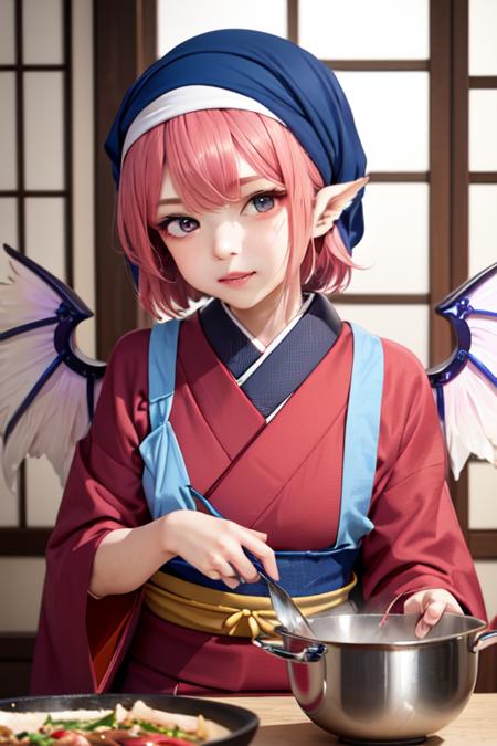 (detailed face, detailed eyes, clear skin, clear eyes), photography, detailed skin, (sash code:1.3), (white tasuki wings:1.1), hyperrealism, blurry, indoors, lips,(red kimono:1.3), (okamisty:1.3),pink hair, (OKMS:1.3), (mystia lorelei:1.1), (blue headscarf:1.4),(blue apron:1.4), touhou mystia's izakaya, cooking Lamprey