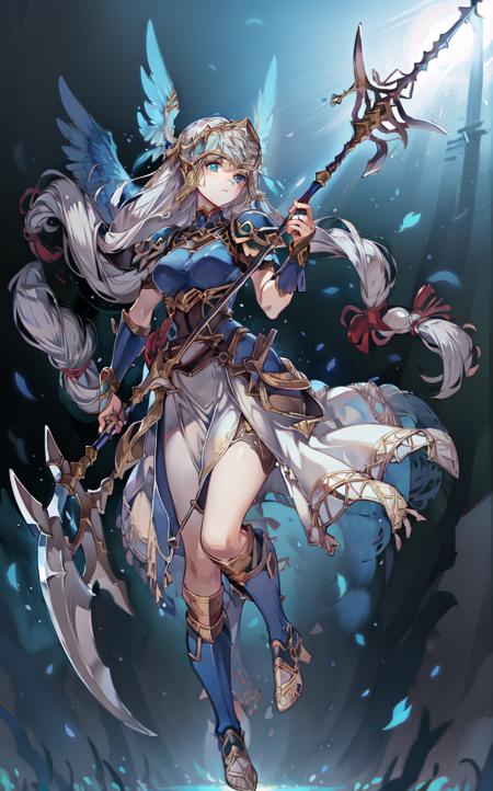 masterpiece, best quality, lenneth floating in the sky,  holding a spear, intricate details,  full body, ethereal wings, blue eyes,  <lora:Lenneth:1>