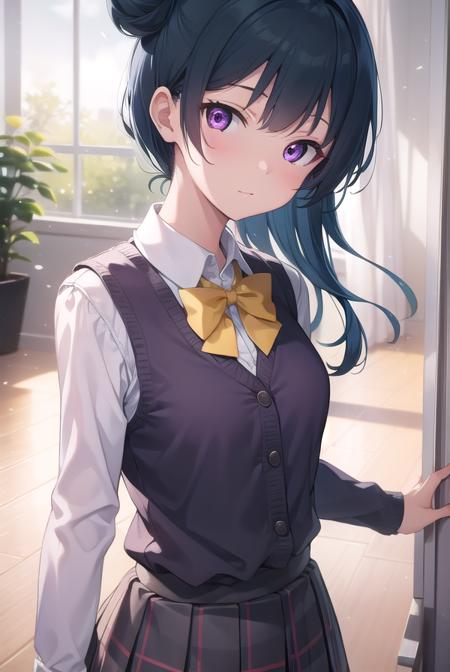 yoshikotsushima, <lyco:yoshikotsushima-lyco-nochekaiser:1>, 
yoshiko tsushima, blue hair, hair bun, (purple eyes:1.1), single side bun, bangs, long hair, (small breast:1.2),
BREAK bow, bowtie, buttons, grey skirt, long sleeves, pleated skirt, school uniform, serafuku, skirt, uranohoshi school uniform, yellow bow, yellow bowtie, sleeveless,
BREAK looking at viewer, 
BREAK indoors, classroom,
BREAK <lyco:GoodHands-beta2:1>, (masterpiece:1.2), best quality, high resolution, unity 8k wallpaper, (illustration:0.8), (beautiful detailed eyes:1.6), extremely detailed face, perfect lighting, extremely detailed CG, (perfect hands, perfect anatomy),