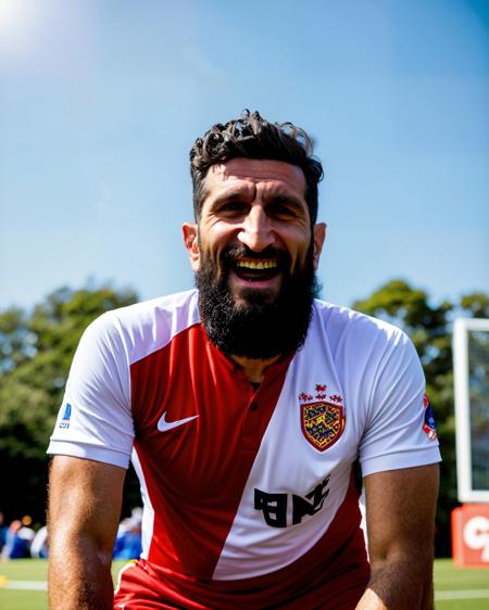 (Fares Fares:0.8) (Fares_Fares_SD15_v2-012:0.92) man, front view medium body shot, age 50, wearing a soccer uniform, stylish quiff hair, suit, mustache only beard, laughing, natural lighting, sunlight, 4k uhd, dslr, soft light, high quality, Fujifilm XT3, (tongue:0.5)