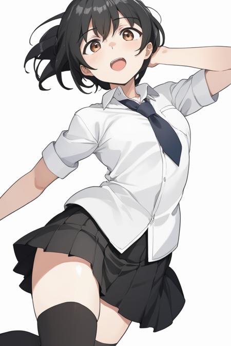 1girl,anime, (dynamic angle:1.4),white background,thigh,from above,flat color,white shirt, black skirt,