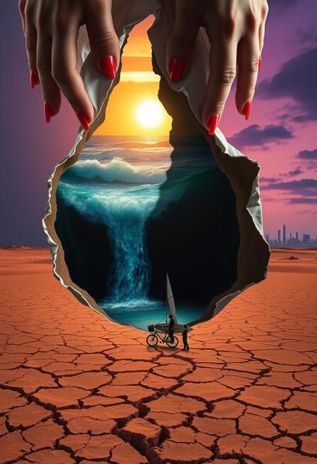 /imagine prompt: A surreal scene where the fabric of reality is being torn open by two hands with vibrant red nails from the back.The tear reveals a stunning seascape, with a golden sunset casting warm hues across the sky as powerful ocean waves crash against an unseen shore. The water from this hidden world spills out of the tear, cascading down like a waterfall into a dry, cracked desert below, forming a small, reflective pool that contrasts starkly with the arid landscape. In the distance, the faint silhouette of a city looms under a dusky purple sky, with a lone figure on a bicycle and another figure holding a surfboard standing in awe of the impossible sight. A sailboat is stranded on the parched earth, adding to the scene's sense of surrealism and wonder. The overall atmosphere is one of striking contrast, blending elements of the natural world with the dreamlike and impossible. --ar 16:9 --v 5 --style surreal --quality 5