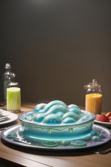 slime-morph, sl1m3d, made of slime, slime plate, table, bright lights, ultra realistic