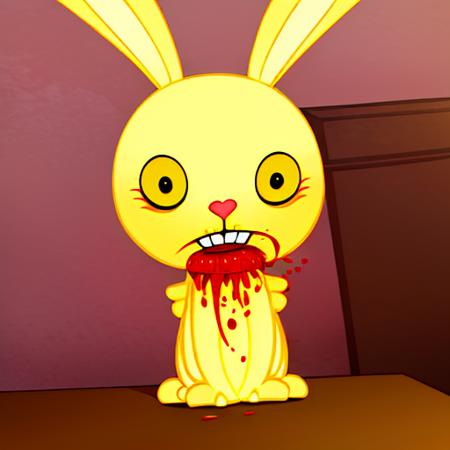 <lora:htf_gore:0.9> a yellow zombie rabbit licking a bloody (detailed brain:1.2), gore, horror