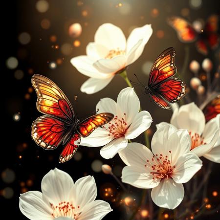 ArsMJStyle, impressionism, Ukiyo-e, A surreal and painterly composition featuring **radiant white flowers** and **dark ethereal butterflies** against a pitch-black background. The flowers exude a sense of purity and holiness. The petals are stained with crimson blood. The butterflies pulse with an otherworldly light, and their wings are traced with intricate patterns.
The atmosphere is enhanced by a dreamy **bokeh effect** that scatters soft glimmers of gold and crimson throughout the composition, creating depth and a sense of quiet wonder. The interplay of **rich white highlights and deep black shadows** evokes an enchanting, almost mystical ambiance. Subtle sparks float in the air, adding a dynamic, surreal quality to the scene.
The overall aesthetic is vivid yet balanced, emphasizing the **contrast between the glowing warmth of the flowers and harshness of the butterflies**. Rendered in **8K ultra-detail**, the textures are hyper-realistic, while the colors glow with an intense vibrancy, embodying an elegant harmony of surreal beauty and luxurious simplicity.