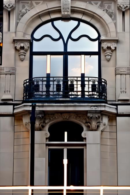 <lora:JJsArtNouveauBuilding:1> , (Art Nouveau),  ((Building)),(masterpiece) , ((best quality)), dramatic lighting, outdoors, day, cloud, blue sky,  scenery, road, real world location, sunlight, balcony, door, paving,  city, cityscape, curve,stained glass, window, arch, architecture photography, striking structures, clean lines, geometric shapes, dramatic angles, play of light and shadow, capturing architectural details, showcasing design elements, evoking mood, professional lighting, precise compositions, emphasizing scale and proportion, creating depth, architectural storytelling, capturing iconic landmarks, immersive experience