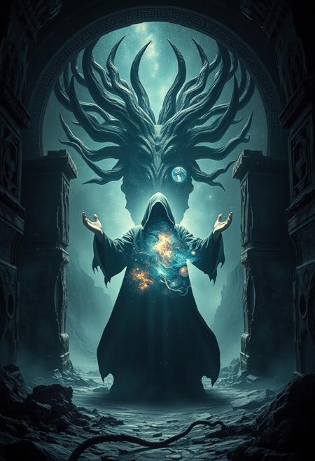 A universe inside a dark cloaked figure within mysterious landscape in an unfathomable realm of fantastic creation inhabited by ancient shadows of a forgotten time beyond the gate of the gateless gate where life is limitless, light is shadow and shadow is light, eerie sense, horror, spark of the beginning, existence and nonexistence at once, ethereal, outstretched arms, behold the end of the beginning, inglorious glory to the dark one, betrayal of the ancient order, beware the 7headed beast, destroyer of the old ways, bearer of the unbearable, nightmarish, archaic runes, tree aging backwards, breath of the gods, ruins of a place unimagined, extreme intricate detail, photorealistic, beyond epic scene, fate discarded, unseeable face of god