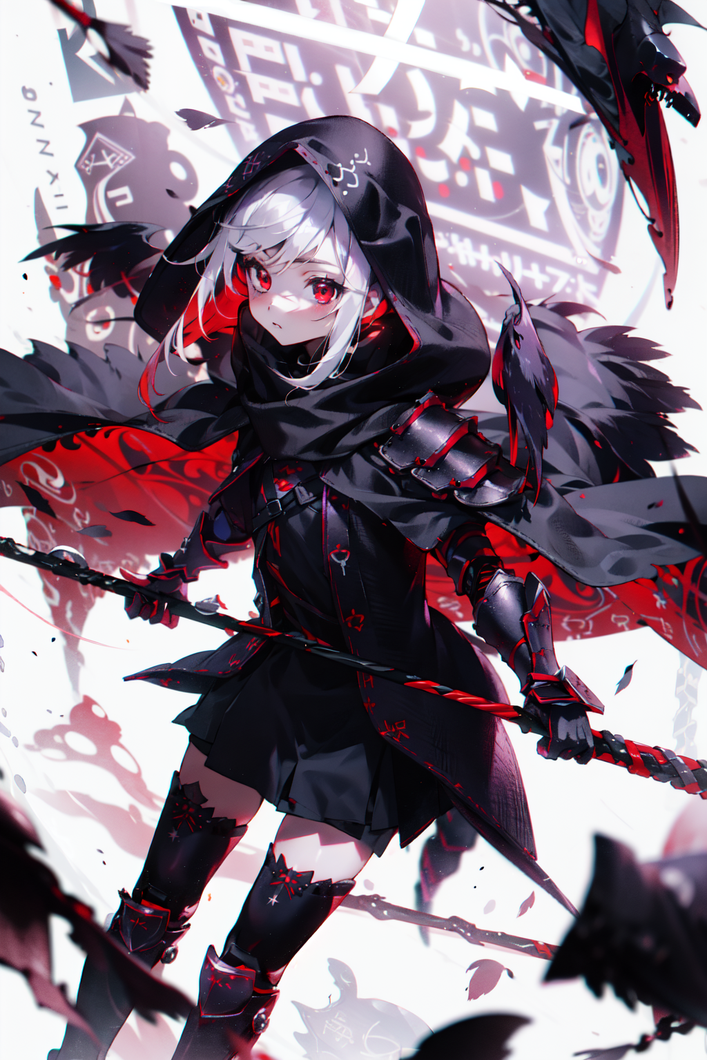 ((masterpiece, best quality, bright-red digital runes, drawing)), (solo girl, black wind hair cute detailed bright red eye...