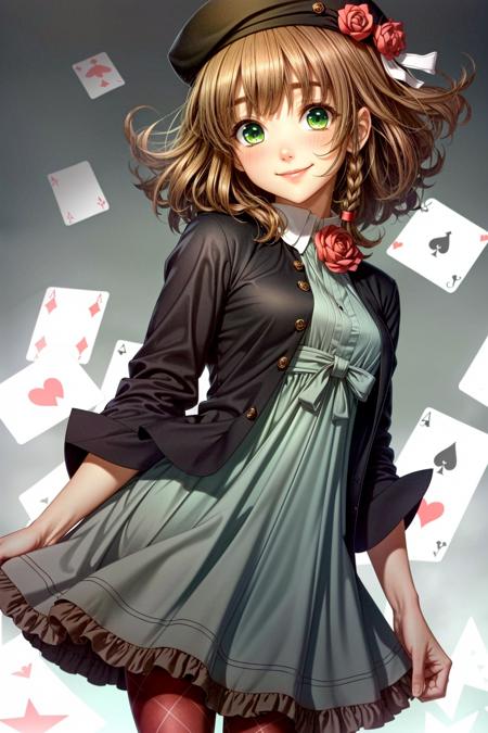 (masterpiece, best quality)
HeroineAmnesiaAnime, 1girl, solo, smile, short hair, brown hair, hat, dress, ribbon, green eyes, jacket, full body, braid, flower, heart, pantyhose, boots, rose, beret, red flower, card, argyle
  <lora:add_detail:0.5> <lora:HeroineAmnesiaAnime:0.9>