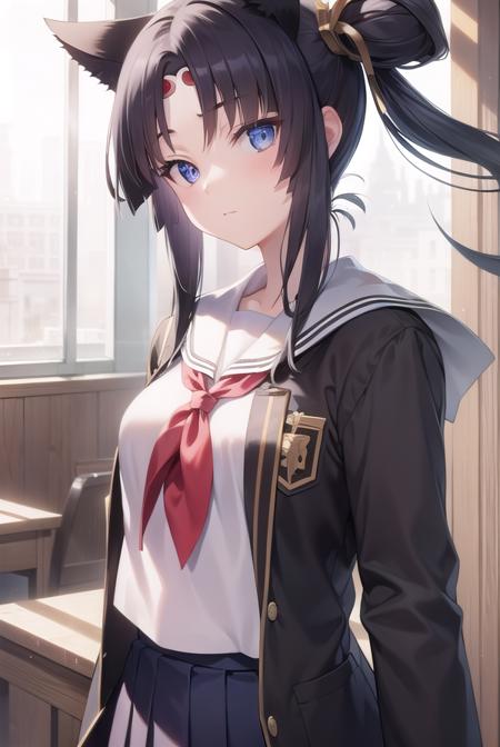 ushiwakamaru, <lora:ushiwakamaru-lora-nochekaiser:1>, 
ushiwakamaru, black hair, blue eyes, long hair, side ponytail, sidelocks, parted bangs, (small breast:1.2), hair bun, single bun, side bun,
BREAK school uniform, skirt, serafuku, pleated skirt,
BREAK looking at viewer,
BREAK indoors, classroom,
BREAK <lyco:GoodHands-beta2:1>, (masterpiece:1.2), best quality, high resolution, unity 8k wallpaper, (illustration:0.8), (beautiful detailed eyes:1.6), extremely detailed face, perfect lighting, extremely detailed CG, (perfect hands, perfect anatomy),