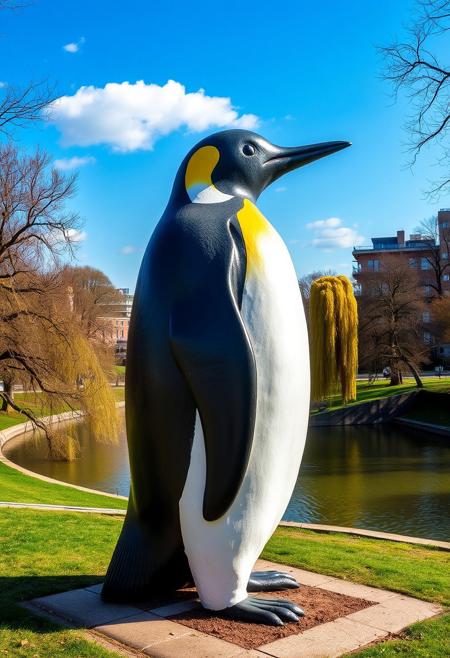 masterpiece, best quality, high quality, 
(statue of a big penguin:1.2), scenery, outdoors, (zahahadid:1.4), tree, day, blue sky, park,river,