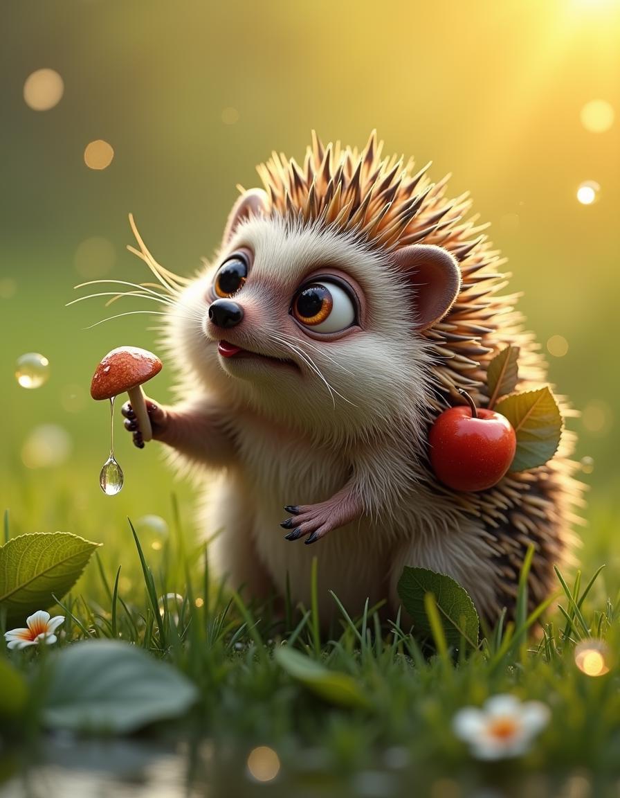 A cute hyperrealistic scene where a little hedgehog reaches for a drop of dew hanging on a blade of grass. The hedgehog has sad big golden eyes, a black wet nose and a small red tongue. He tries to lick the drop of dew with his tongue. The hedgehog has several leaves, one mushroom and an apple stuck to his back on his spines. The hedgehog's fur is shaggy and wet in places, because he ran on wet grass. There is green wet grass around and the morning sun's rays are reflected in every drop of water. Close-up, super detailed.