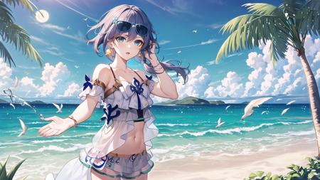 (masterpiece, top quality, best quality, official art, beautiful and aesthetic:1.2),extreme detailed,(fractal art:1.3),long hair,blue eyes,small breasts,  <lora:Fu Hua_Five in one_v1.0:0.8>, Fu Hua(Seagull),1girl,solo,sea,water,sand,beach,night,star \(sky\), moon, dark tone,sunglasses,swimsuit,ponytail, shy, open mouth, beautiful detailed water, on the beach, beautiful detailed sky, standing,face,cowboy shot,