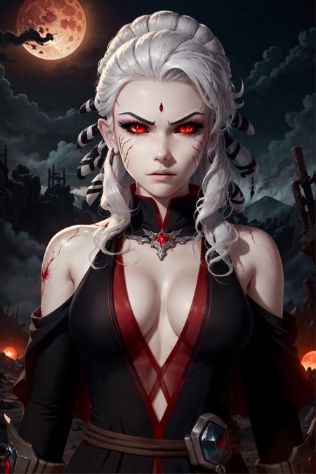 salem \(rwby\), 1girl, white hair, white skin, pale skin, cracked skin, red eyes, black dress, angry, solo, detailed face, looking at viewer, cowboy shot, upper body, bloodmoon, wasteland, darkness, thunder, red moon, vampire, corruption, (masterpiece:1.2, best quality)