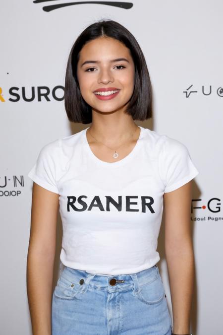 <lora:Angela_Aguilar:0.8>, Raw medium shot photo of Angela Aguilar wearing a white t-shirt in a promotional event, black bob hairstyle, sharp focus on subject, neutral expression, Shot with a Nikon F3 and a 35mm f/2 lens, using Kodak Portra 400 film stock