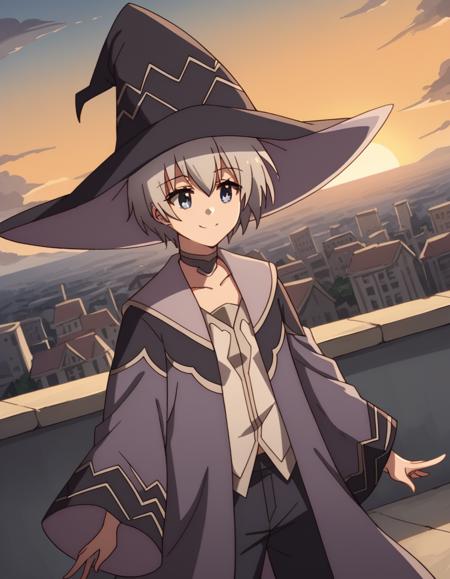 miyabi kuromiya, short hair, bangs, blue eyes, hair between eyes, grey hair, shirt, long sleeves, hat, collarbone, white shirt, pants, wide sleeves, coat, black headwear, witch hat, robe,