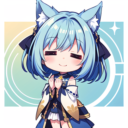 <lora:hotarueye_comic3_type3:2> closed eyes, 1girl, (chibi:1.4), smile, closed mouth, upper body, standing, animal ear, blue hair,