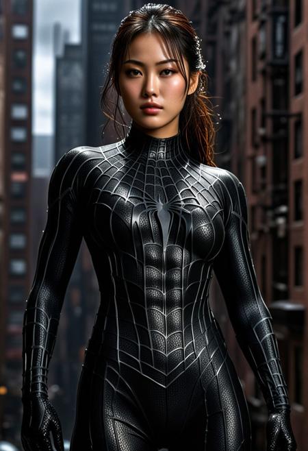 score_9, score_8_up, score_7_up, best quality, realistic, masterpiece, beautiful detail, hyperrealistic, woman ((1girl, woman body, big breasts)), amazing detailed full body portrait of a beautiful japanese girl, wearing a realistic and highly detailed black raimi spider-man suit, ((huge muscular girl)), professional model wears ultra - detailed black raimi spider - man suit, ultra - detailed and grained black raimi spiderman suit, suit covered entire body and hand, black spiderman gloves, wet, (dynamic pose), (full body), (dirty skin), close up, octane render, highly detailed, volumetric, dramatic lighting, (highest quality:1.1), (HDR:1.3), (top quality, best quality), realistic, high definition,