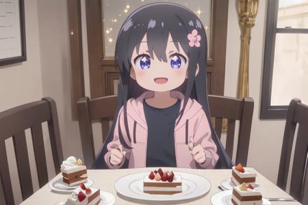 1girl, solo, watahana, + +, cheerful smile, open mouth, happy, (sparkling aura:1.1), 
hair ornament, hair flower, 
shirt, jacket, 
sitting on chair, pudding, cakes, table, 
indoors, dining
 <lora:Wataten_Hana-v10:0.8>