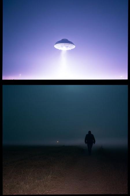security footage frame, fog, night, volumetric, airstrip, UFO, closeup of man in trenchcoat