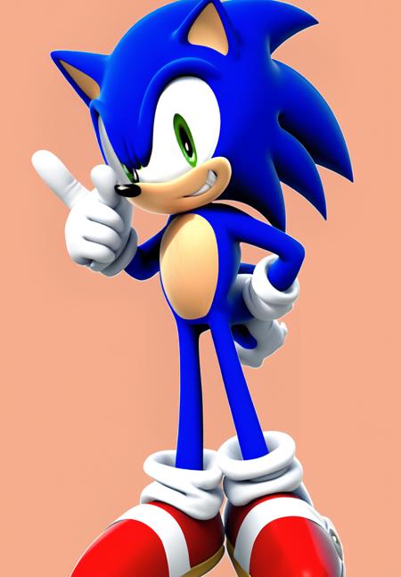 <lora:sonic:0.8>, sonic, solo, looking at viewer, smile, simple background, 1boy, standing, full body, male focus, socks, hand up, grin, hand on hip, happy, black background, furry male, thumbs up, sideways mouth