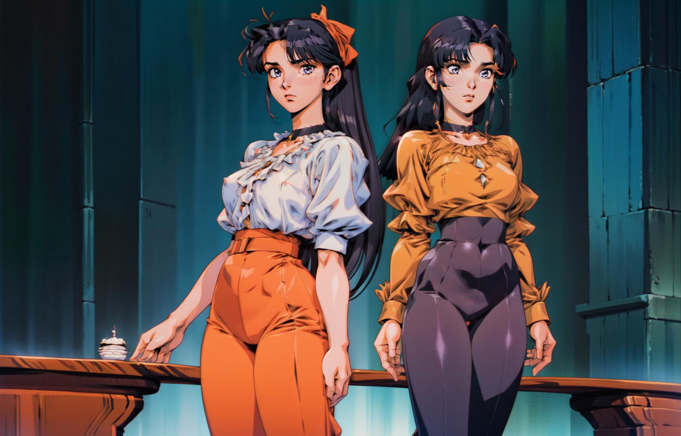 Two anime characters posing next to each other, one wearing orange pants and the other wearing black pants.