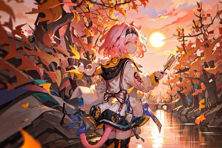 1girl, (animal ears), autumn, autumn leaves, blurry, blurry background, burning, burnt clothes, braid, floating hair, headband, pink hair, multicolored hair, golden eyes, glowing eyes, pink tail, (one tail:1.2), cat tail, cloud, depth of field, dusk, embers, evening, falling leaves, ginkgo leaf, gradient sky, leaves in wind, long sleeves, maple leaf, mountain, nature, stream, orange sky, orange theme, outdoors, pyrokinesis, red sky, reflection, ripples, scenery, sky, solo, standing, standing on liquid, sun, sunset, torch, tree, twilight, walking on liquid, water, waterfall, wind