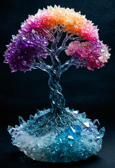 <cs-cr1stal-v2:1.5>, <novuschroma54 style:0.15>, a highly detailed model of yggdrasil the tree of life made entirely of ((raw natural formation) of translucent (crystals:1.15)), high contrast, vivid colours, (path traced lighting), (dappled_lighting:1.3), lighting from above, celestial bodies, (crystal clear), simple background, dark background, jagged edges,
