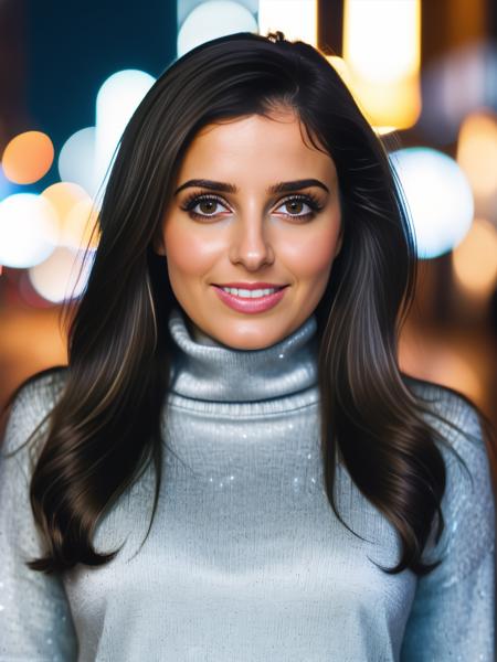 a photo of a pretty 30-year-old woman, desimocha, professional portrait photo,high neck Silver turtleneck sweater, flowing black hair and bangs, smiling, soft lighting, solo, night time, city bokeh lights  <lora:Desi_Coffee_V30_SDXL_LoRA:1>