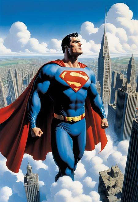 alexross style, comicbook illustration, the main subject is Superman, Superman standing above highest skyscraper rooftop, he is surrounded by fluffy clouds off in the distance of a blue sky, and he is wearing his classic uniform, and long torn windblown cape that is flowing in the wind, street full of people  down below.