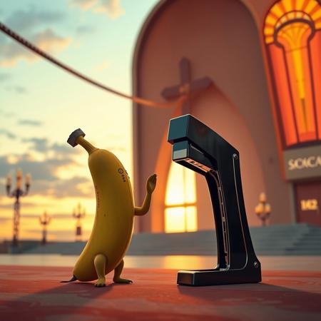 A banana proposing to a stapler at sunset in an art deco cathedral