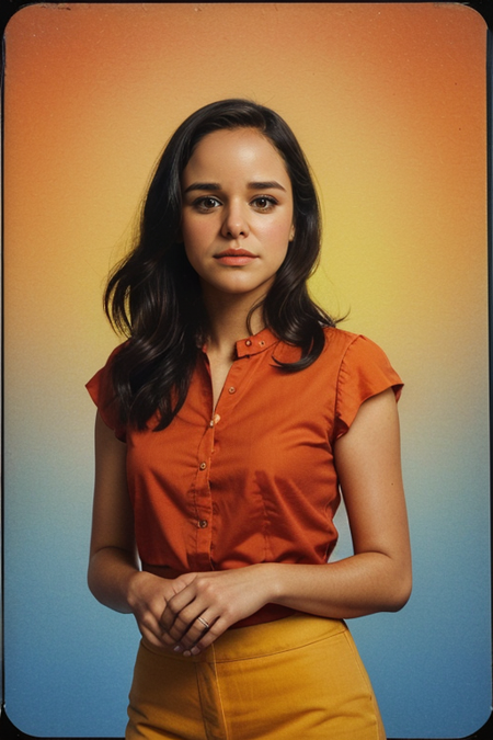 MelissaFumero, Century Camera Co. Studio, 160mm f/8, 1/10s, ISO 25, ((tintype, portrait, full color, bold color, orange, red, gradient)), blouse, ((geometric halftone background))