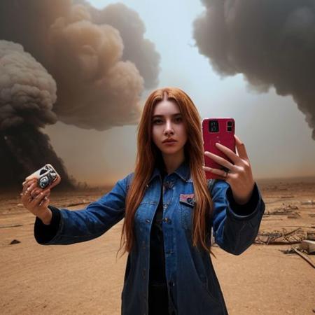A selfie style photo of the last 25 year old woman from the last day of human kind on earth, extremely detailed, apocalypse, end of times