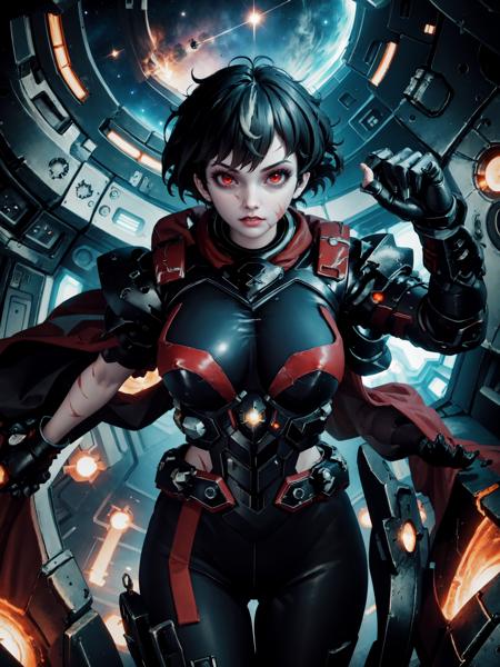 (masterpiece, best quality), space, spacecraft, space battle, cowboy shot, blybt, power armor, scar across eye, red cape, 1girl, solo, makeup, red eyes, black hair, large breasts, <lyco:BlytheSubverse_V1-Manityro:1.0>,