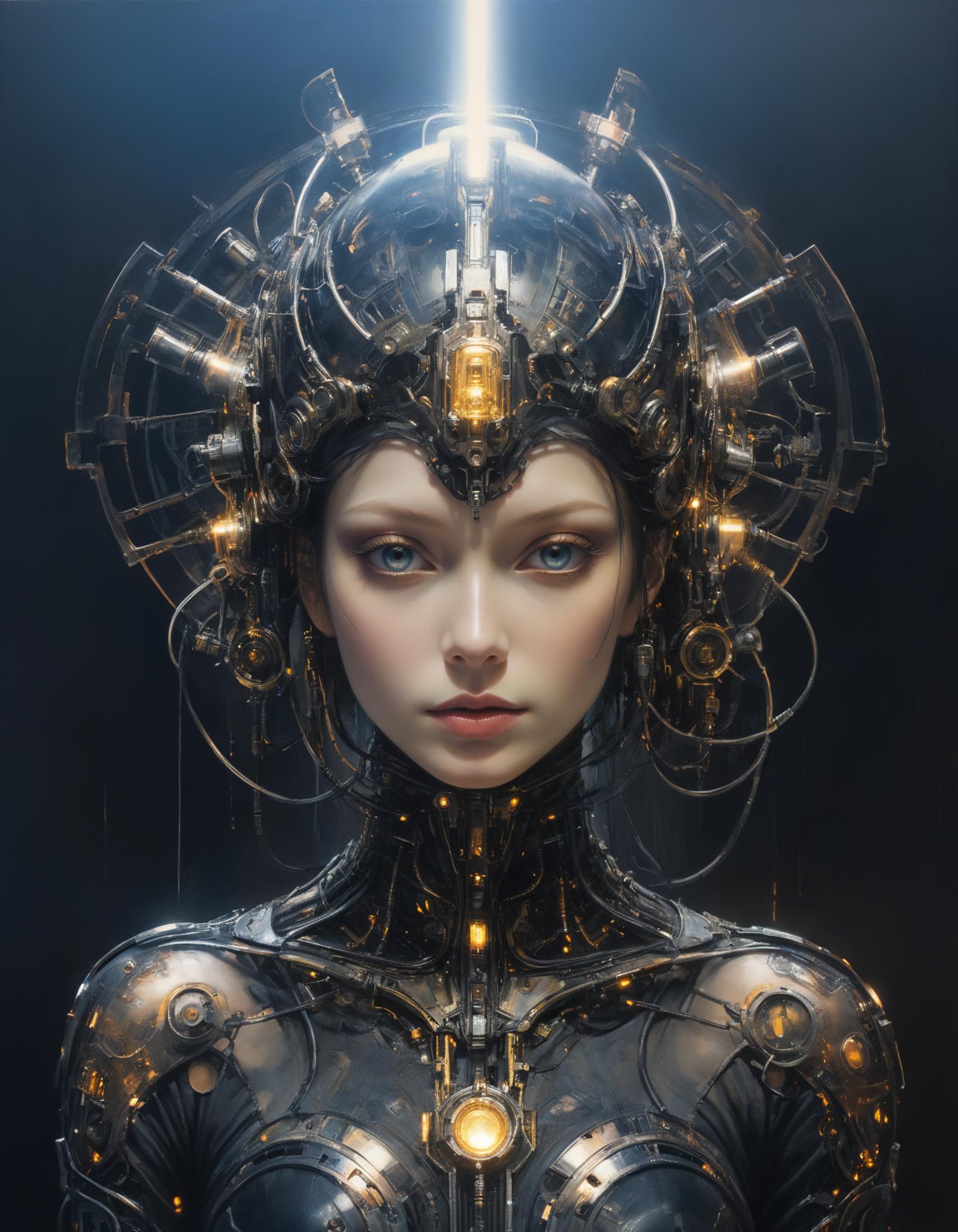 Futuristic Robotic Woman with Glowing Eyes and Golden Headpiece.
