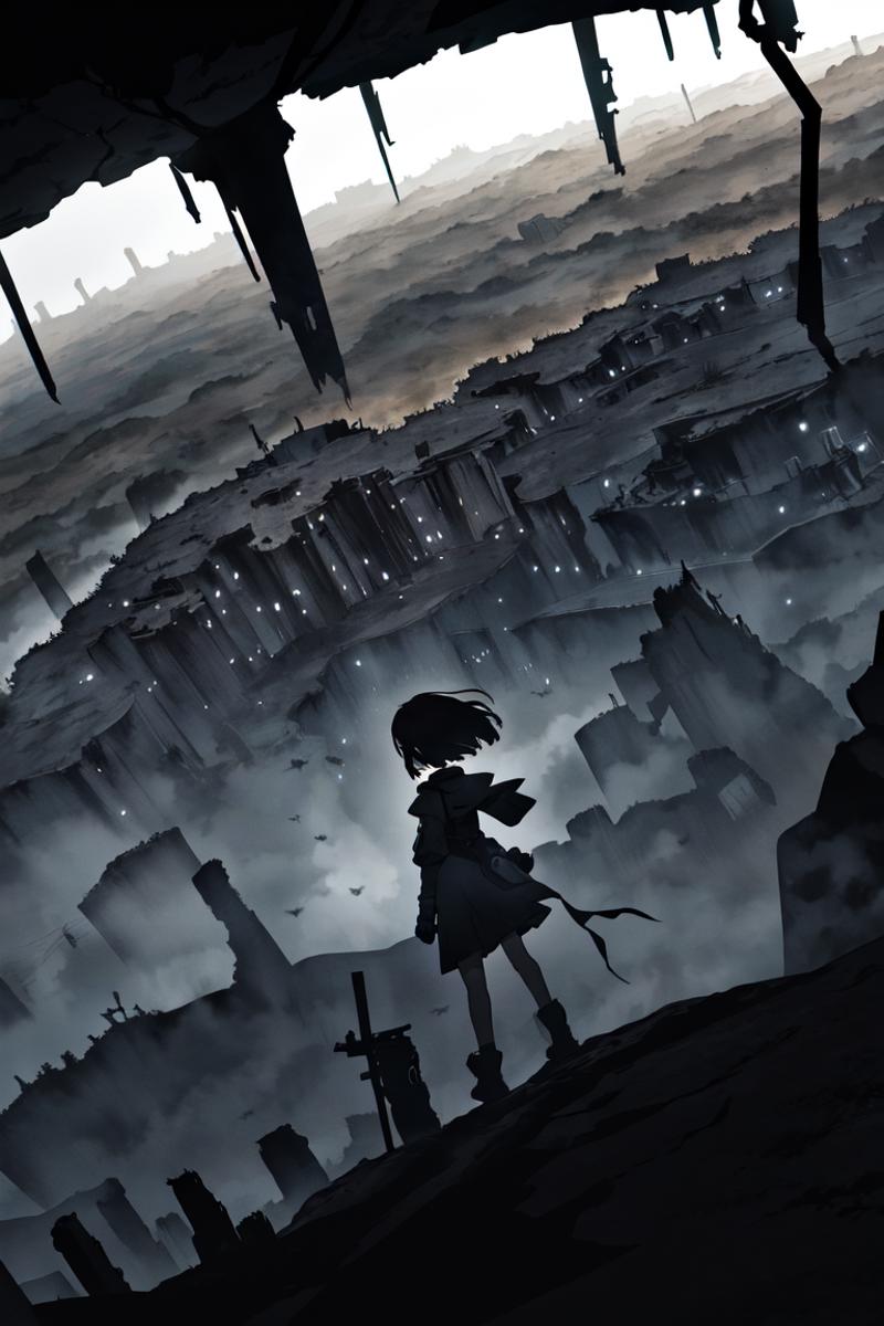 A girl stands on the edge of a cliff overlooking a cityscape with a sword and bow in hand.