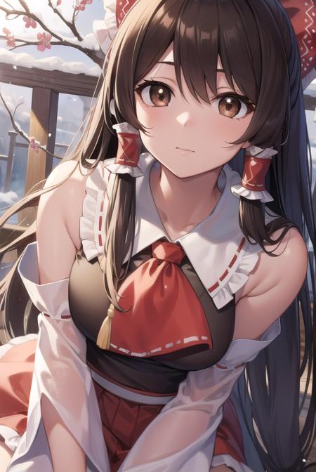 reimu hakurei, (brown eyes:1.5), brown hair, bow, hair bow, hair tubes, long hair, red bow, sidelocks, ascot, bare shoulders, black footwear, detached sleeves, embellished costume, frills, japanese clothes, nontraditional miko, red skirt, sandals, sarashi, skirt, socks, white sleeves, white socks, wide sleeves, yellow ascot, zouri,