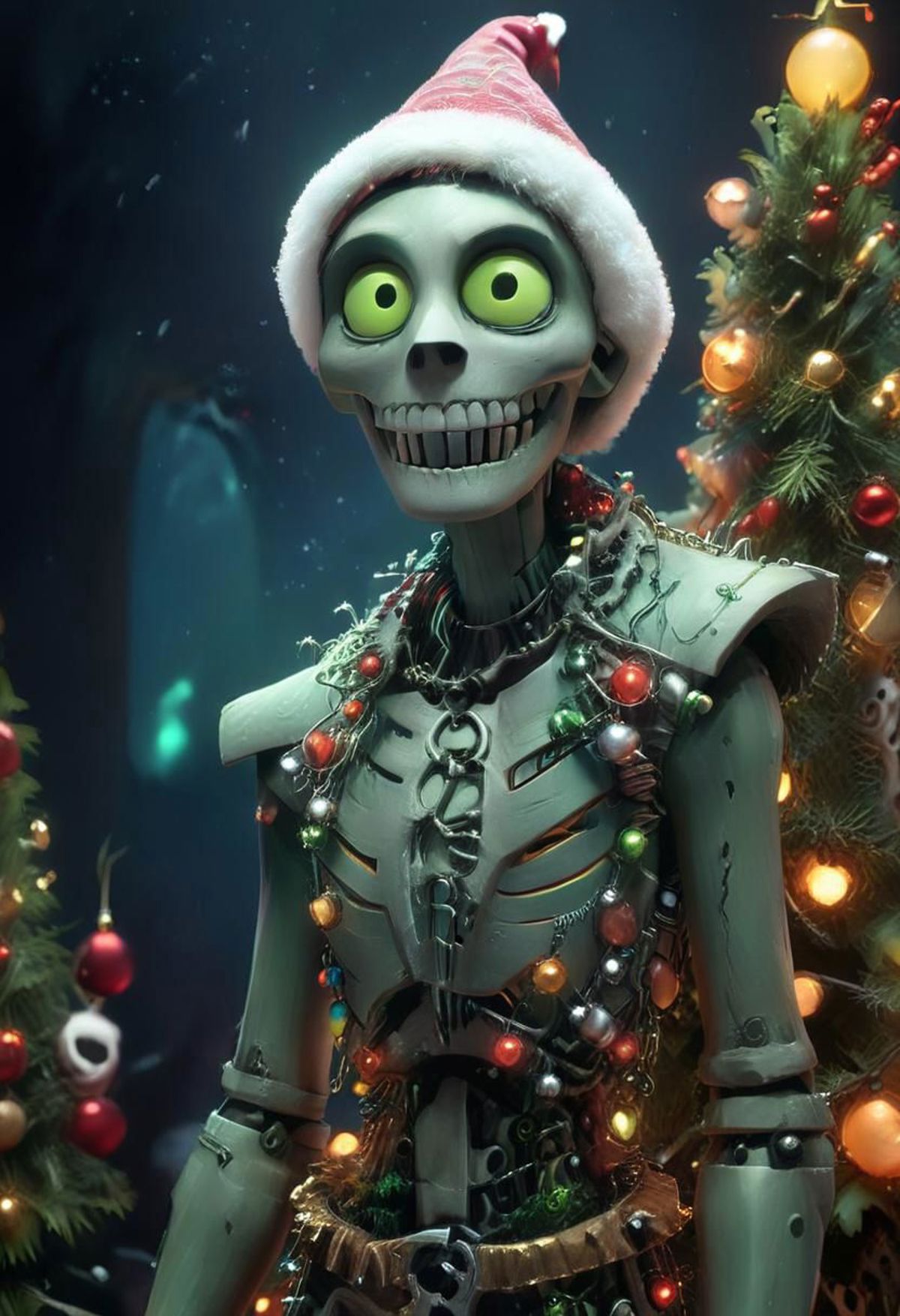 A creepy skeleton with green eyes and a Santa hat stands in front of a Christmas tree.
