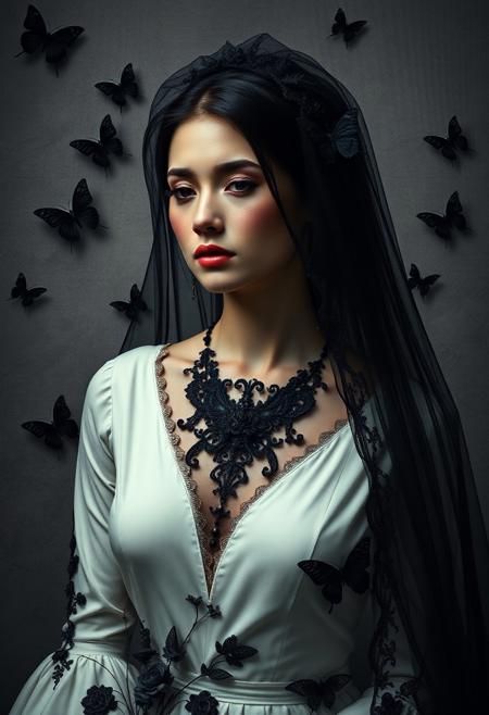 elegant woman, black veil, ivory gown, black lace, gothic romance, melancholic mood, dark butterflies, soft textured background, botanical motifs, dreamlike atmosphere, serene expression, poetic composition, introspective mood, fantasy portrait, romantic gothic style, dramatic lighting, high contrast, moody atmosphere, hyper-detailed landscapes, cinematic realism, painterly composition, epic storytelling, stormy skies, lush nature, rich color palette, intense shadows, grand visual spectacle