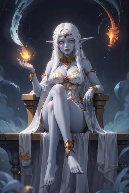 (high quality, detailed, beautiful), 
1girl, perfect face,
Azshara, elf ears, long ears, white hair, long hair, long brows, colored skin, blue skin, grey skin, yellow eyes, jewelry
white clothes, sitting, legs crossed, barefoot,
dark background,
<lora:Queen_Azshara_Elf__World_of_Warcraft:0.7>